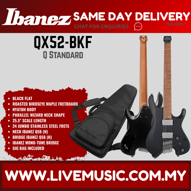 Ibanez Quest Series QX52 Headless Electric Guitar, Roasted Maple Fretboard - Black Flat (QX-52/QX52-BKF)