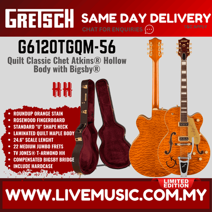 Gretsch G6120TGQM-56 Quilt Classic Chet Atkins Electric Guitar wBigsby, Roundup Orange Stain Lacquer