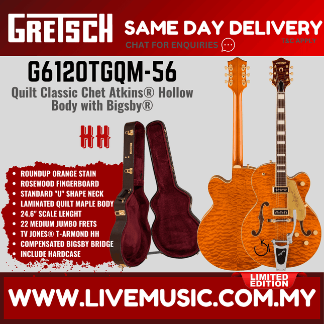 Gretsch G6120TGQM-56 Quilt Classic Chet Atkins Electric Guitar wBigsby, Roundup Orange Stain Lacquer