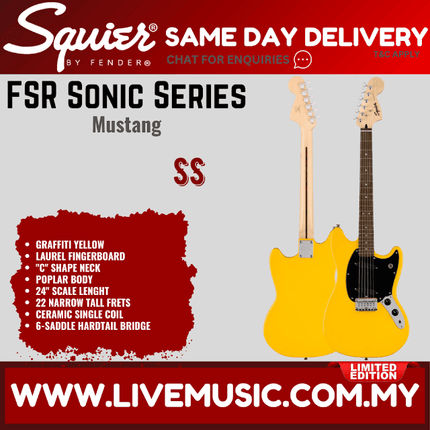 Squier FSR Sonic Mustang Electric Guitar w/Black Pickguard, Laurel FB, Graffiti Yellow
