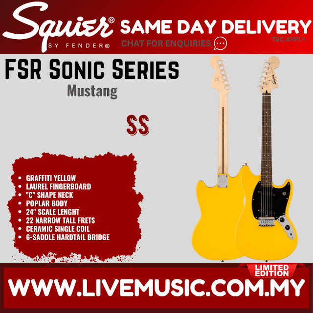 Squier FSR Sonic Mustang Electric Guitar w/Black Pickguard, Laurel FB, Graffiti Yellow