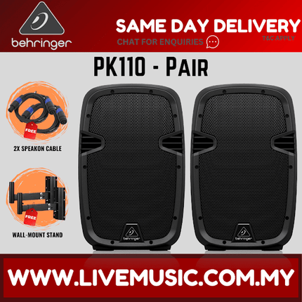 Behringer PK110 Passive 500-Watt 10" PA Speaker System With Speaker Stand & Cable - Pair ( PK 100 / PK-110 )
