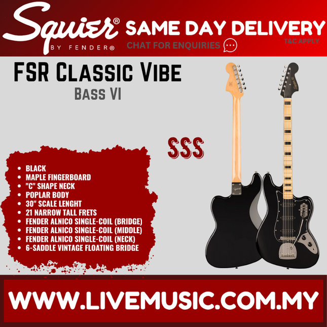 Squier FSR Classic Vibe Bass VI Guitar, Maple FB, Black