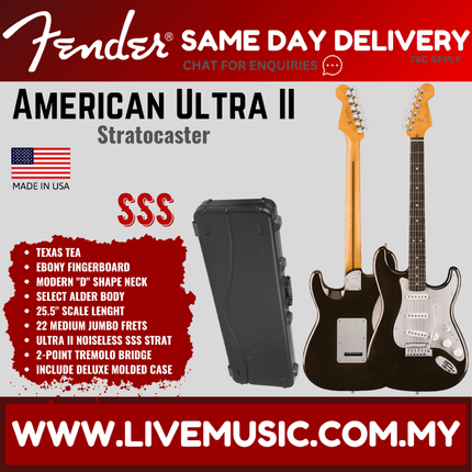 Fender American Ultra II Stratocaster Electric Guitar, Ebony FB, Texas Tea / Noble Blue / Ultraburst