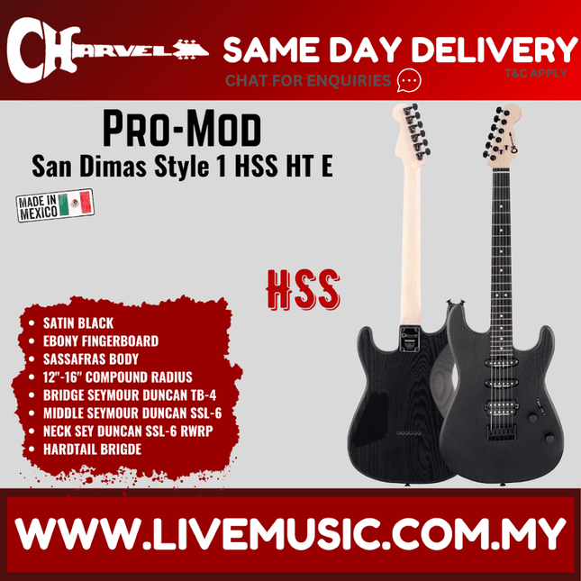 Charvel Pro-Mod San Dimas Style 1 HSS HT Sassafras Electric Guitar, Ebony FB, Satin Black