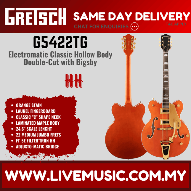 Gretsch G5422TG Electromatic Classic Hollow Body Double-Cut Bigsby Electric Guitar, Orange Stain