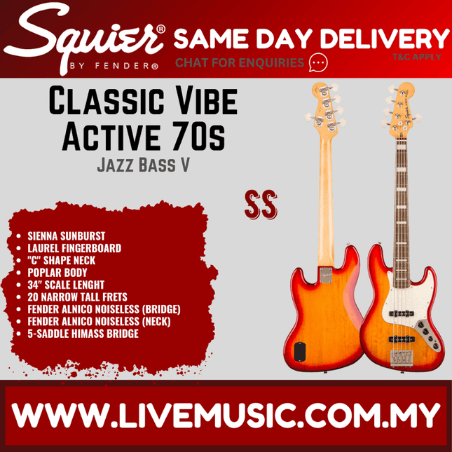 Squier Classic Vibe Active 70s Jazz Bass V Guitar, Laurel FB, Sienna Sunburst