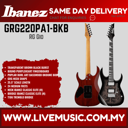 Ibanez GRG220PA1-BKB Rg Gio Series Electric Guitar, Transparent Brown Black Burst ( GRG220PA1 BKB / GRG220PA1BKB )