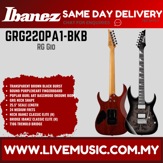 Ibanez GRG220PA1-BKB Rg Gio Series Electric Guitar, Transparent Brown Black Burst ( GRG220PA1 BKB / GRG220PA1BKB )