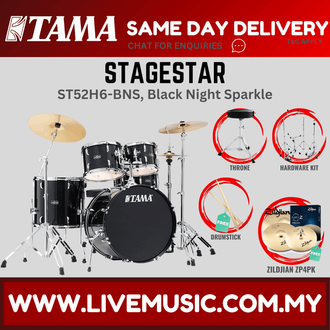5-piece drum set in Black Night Sparkle with gold cymbals, drumsticks, and throne