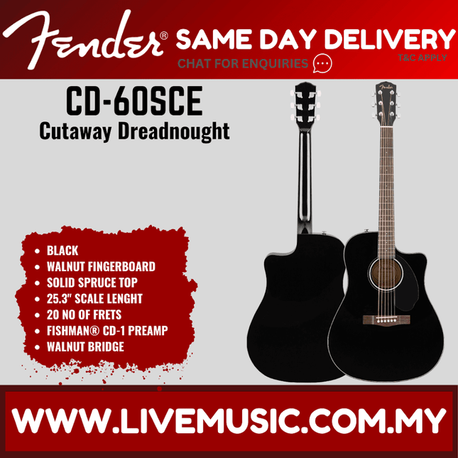 Black acoustic-electric dreadnought guitar with cutaway body and natural wood fretboard.