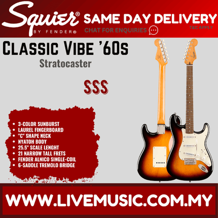 Squier Classic Vibe 60s Stratocaster Electric Guitar, Laurel Fretboard - 3-Tone Sunburst