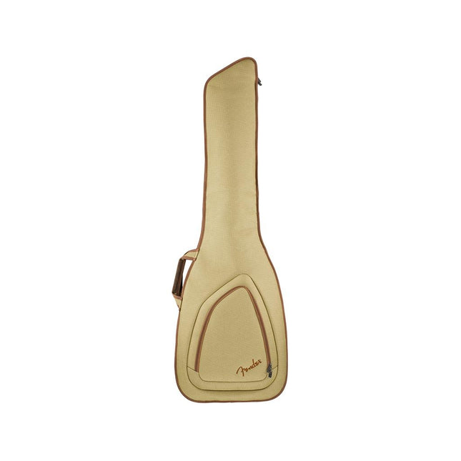 Tan tweed electric guitar gig bag, side view with front pocket and carrying strap