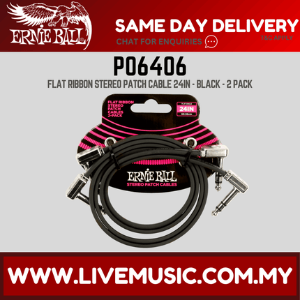 Ernie Ball 6406 Flat Ribbon Stereo Patch Cable, Right Angle to Right Angle, Black, 24-inch, 2-pack