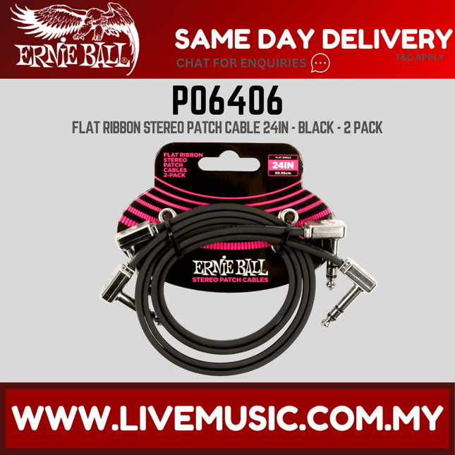 Ernie Ball 6406 Flat Ribbon Stereo Patch Cable, Right Angle to Right Angle, Black, 24-inch, 2-pack