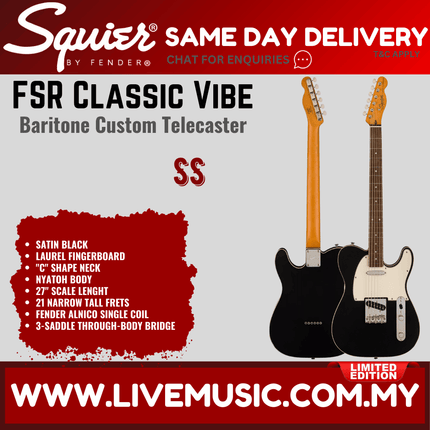 Squier FSR Classic Vibe Baritone Custom Telecaster Guitar, Laurel FB, Satin Black