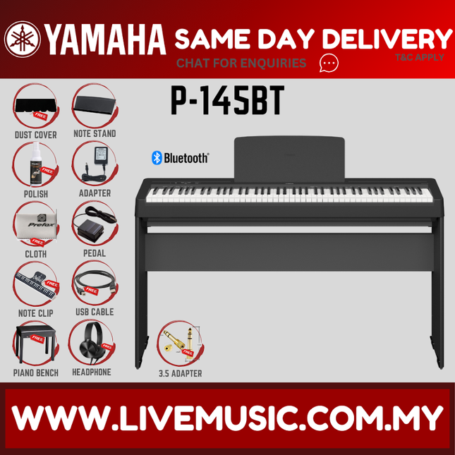Yamaha P-145BT 88-Key Digital Piano w/Keyboard Bench, Headphone And Adapter - ( P145 P145BT P45 P-45 ) Replace P-145