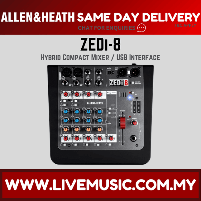 Allen & Heath ZEDi-8 compact mixer with USB interface, front panel with knobs and faders