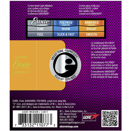Elixir 11077 Nanoweb 80/20 Bronze Light-Medium Acoustic Guitar Strings (12-56)