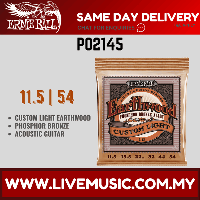 Ernie Ball 2145 Earthwood Phosphor Bronze Acoustic Guitar Strings, Custom Light, 11.5-54 Gauge