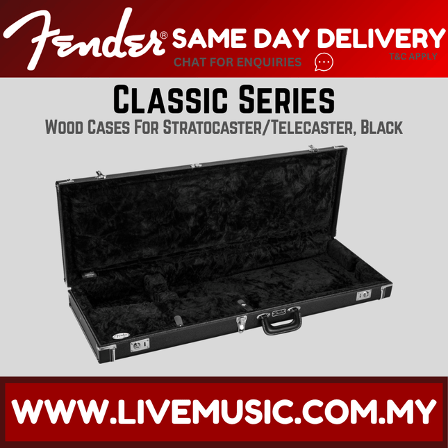 Black wood guitar case with open lid, foam interior, and metal latches