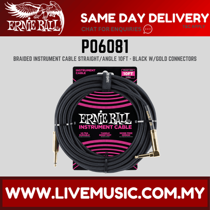 Ernie Ball 6081 Braided Straight to Right Angle Instrument Cable, Black, 10ft