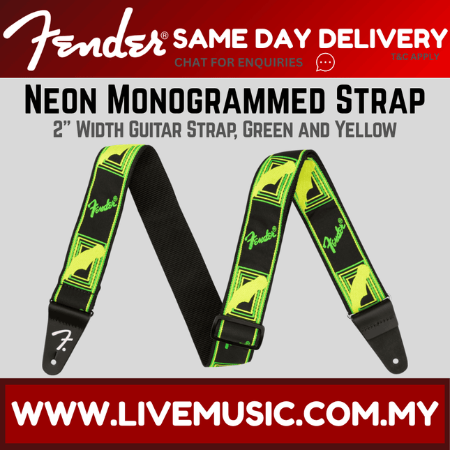 Neon monogram guitar strap in neon green and yellow with black leather ends
