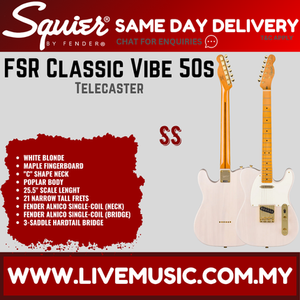 Squier FSR Classic Vibe 50s Telecaster Electric Guitar, Maple FB, White Blonde