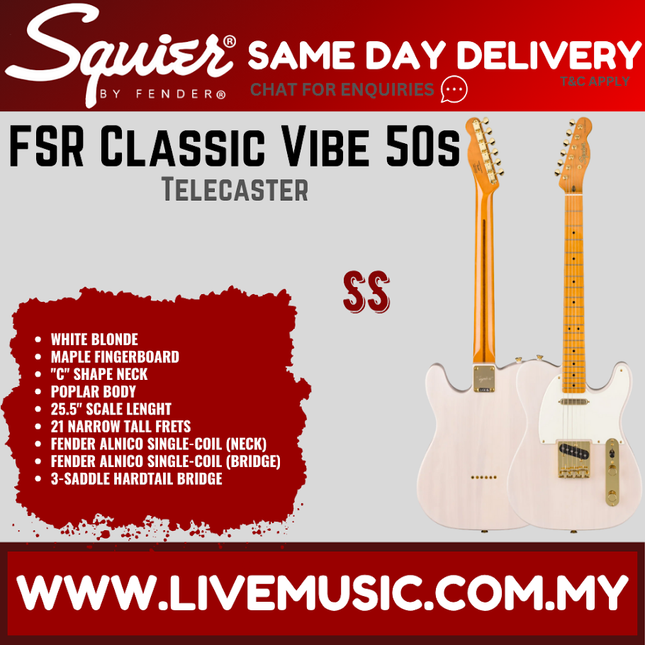 Squier FSR Classic Vibe 50s Telecaster Electric Guitar, Maple FB, White Blonde