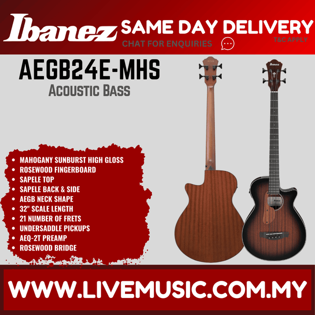 Ibanez AEGB24E 4 String AEG Body Sapele Top Acoustic Bass Guitar - ( AEGB-24E / AEGB 24E )