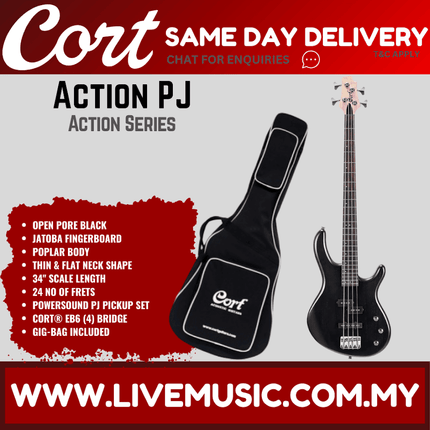 Cort Action PJ Electric Bass Guitar Jatoba Fretboard with Bag - Open Pore Black (ActionPJ/Action-PJ)