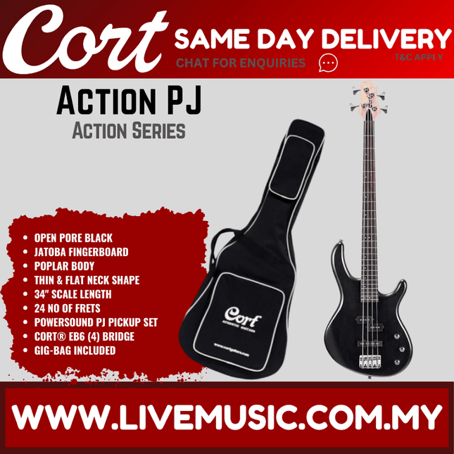 Cort Action PJ Electric Bass Guitar Jatoba Fretboard with Bag - Open Pore Black (ActionPJ/Action-PJ)