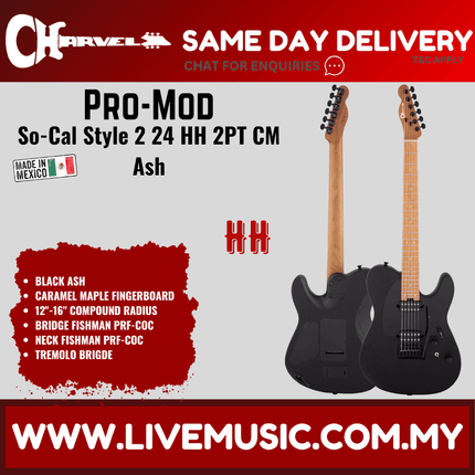 Charvel Pro-Mod So-Cal Style 2 24 Frets HH 2PT Electric Guitar, Black Ash