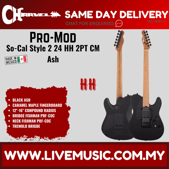 Charvel Pro-Mod So-Cal Style 2 24 Frets HH 2PT Electric Guitar, Black Ash
