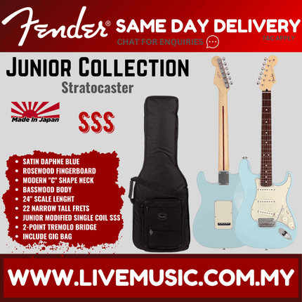 Fender Japan Junior Collection Stratocaster Electric Guitar, RW FB, Satin Daphne Blue