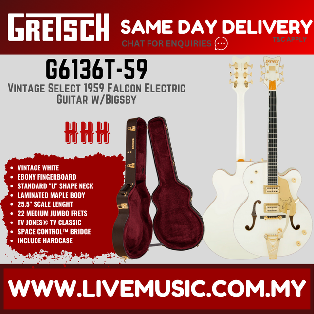 Gretsch G6136T-59 Vintage Select 1959 Falcon Electric Guitar w/Bigsby, Vintage White