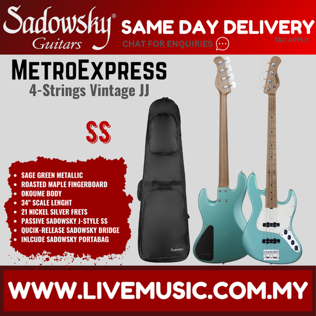 Sadowsky MetroExpress 21-fret Vintage JJ 4-String Bass Guitar, Maple FB, Sage Green Metallic