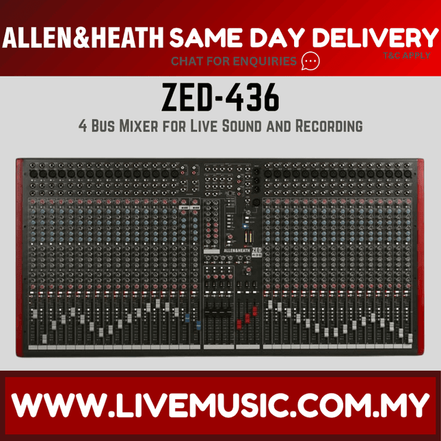 Allen & Heath ZED-436 4-bus audio mixer with USB, full front panel view
