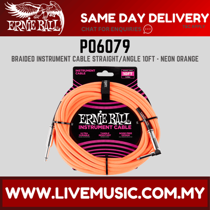 Ernie Ball 6079 Braided Straight to Right Angle Instrument Cable, Neon Orange, 10ft