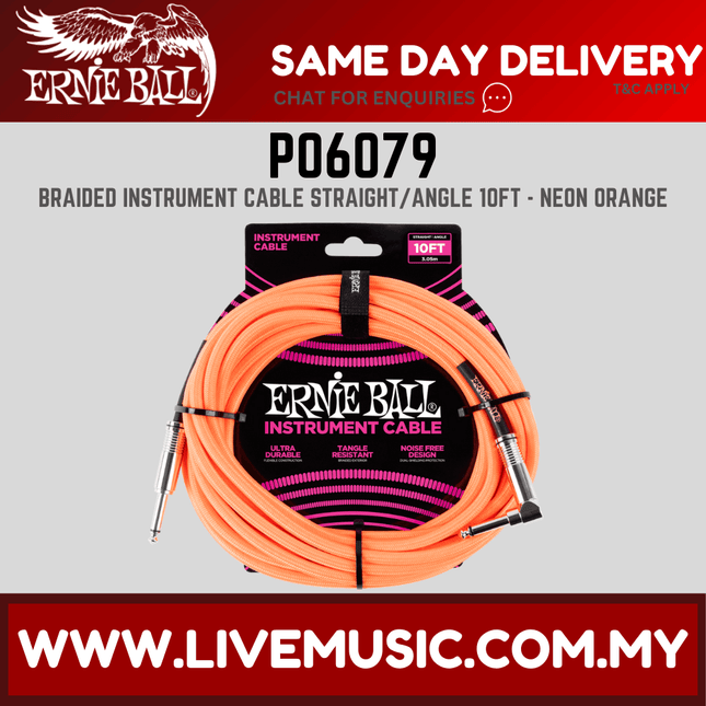 Ernie Ball 6079 Braided Straight to Right Angle Instrument Cable, Neon Orange, 10ft