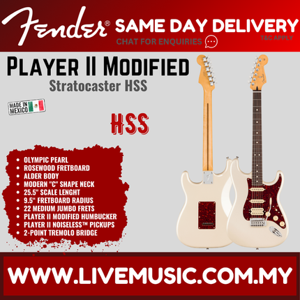 Fender Player II Modified Stratocaster HSS Electric Guitar, RW FB, Olympic Pearl