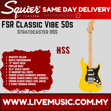 Squier FSR Classic Vibe 50s Stratocaster HSS Electric Guitar w/Black Pickguard, Graffiti Yellow