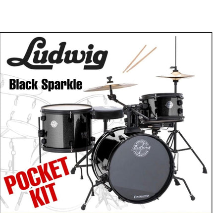 Ludwig LC178X016DIR Pocket Kit 4-Piece Drum Kit with Hardware and Cymbals - Black Sparkle (LC178X 016DIR)