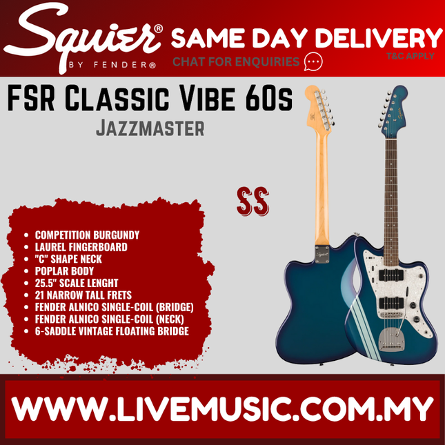 Squier FSR Classic Vibe 60s Jazzmaster Electric Guitar, Laurel FB, Competition Burgundy