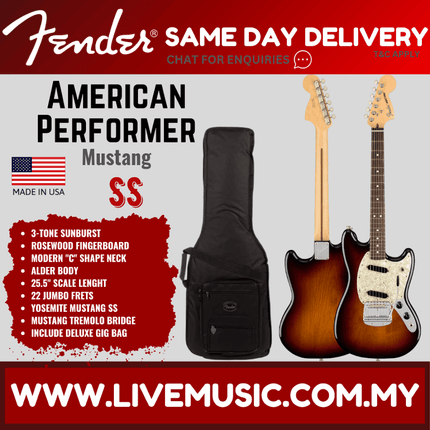 Fender American Performer Mustang Electric Guitar, Rosewood Fretboard with Bag - 3 Tone Sunburst