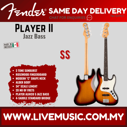 Fender Player II Jazz Bass Guitar, RW FB, Birch Green / Hialeah Yellow / 3 Tone Sunburst / Aquatone Blue