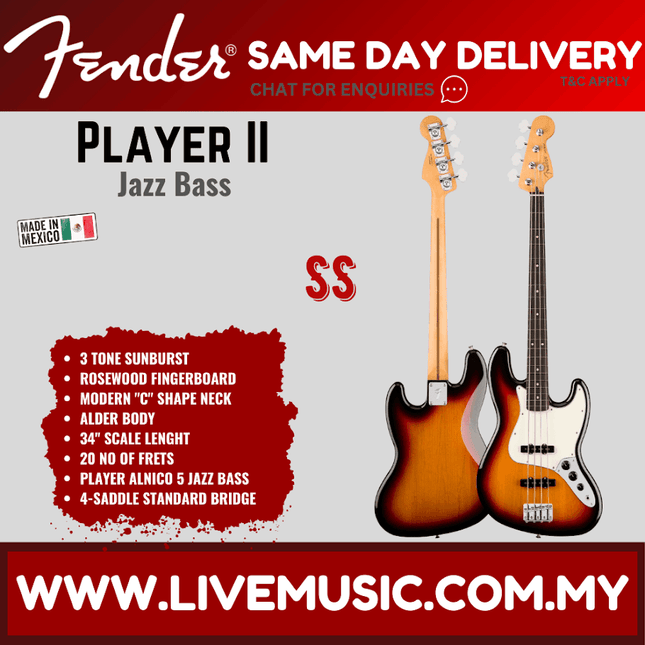 Fender Player II Jazz Bass guitar, 3 Tone Sunburst finish, dark fretboard