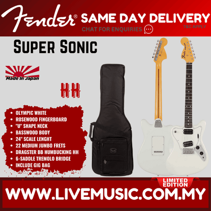 Fender Japan Ltd Ed Super Sonic Electric Guitar, RW FB, Olympic White