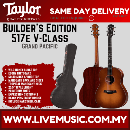 Taylor Builder's Edition 517e V-Class Grand Pacific Acoustic Guitar w/Case, Wild Honey Burst Top