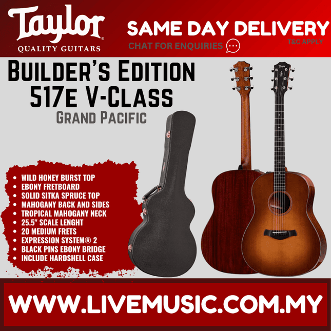 Taylor Builder's Edition 517e V-Class Grand Pacific Acoustic Guitar w/Case, Wild Honey Burst Top